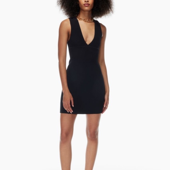 Aritzia Babaton Sculpt Ribbed deep V neck mini dress in Mocha Brown - Picture 2 of 3